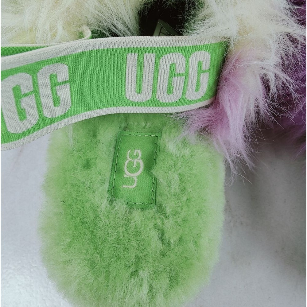 UGG Fluff Yeah Green Tie Dye Faux Fur Sheepskin Slingback Slides Slippers, Sz 6 - Picture 11 of 16